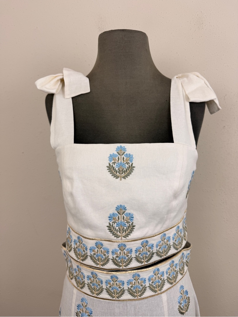 Rosewater House Cream Embroidered Tie-Shoulder Maxi Skirt Set White Linen - Picture 10 of 15